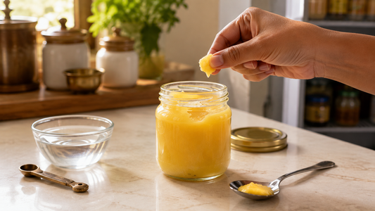 Hand Sampling Golden Ghee in a Warm Kitchen