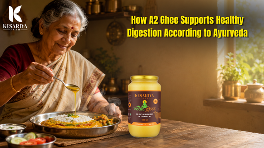 A grand ma pouring kesariya farm A2 ghee in her food