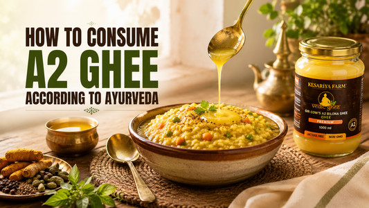 Kesariya Farm A2 Ghee poured on Khichdi & text telling how to consume A2 ghee according to ayurveda